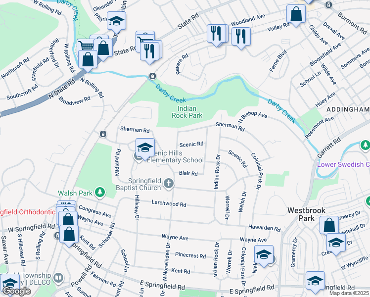 map of restaurants, bars, coffee shops, grocery stores, and more near 412 Scenic Road in Springfield