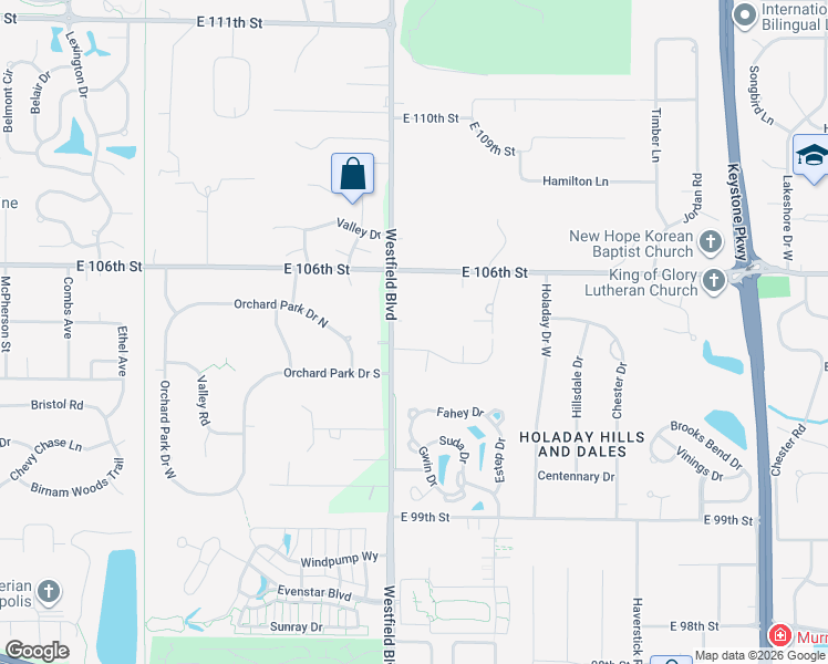 map of restaurants, bars, coffee shops, grocery stores, and more near 1769 East 106th Street in Carmel