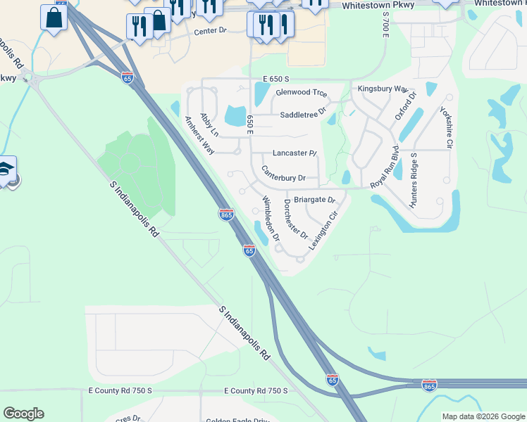 map of restaurants, bars, coffee shops, grocery stores, and more near 6408 Bradshire Court in Zionsville