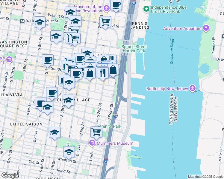 map of restaurants, bars, coffee shops, grocery stores, and more near 105 Kenilworth Street in Philadelphia