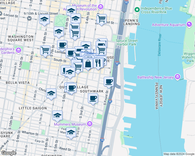 map of restaurants, bars, coffee shops, grocery stores, and more near 716 South 2nd Street in Philadelphia