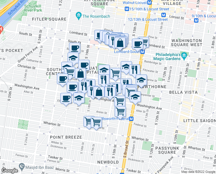 map of restaurants, bars, coffee shops, grocery stores, and more near 1627 Carpenter Street in Philadelphia