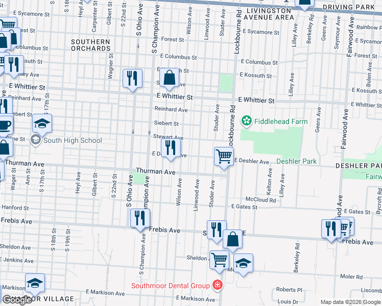 map of restaurants, bars, coffee shops, grocery stores, and more near 1218 Wilson Avenue in Columbus