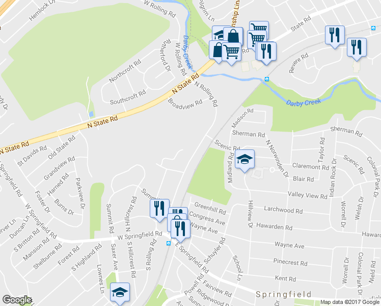 map of restaurants, bars, coffee shops, grocery stores, and more near 230 North Rolling Road in Springfield