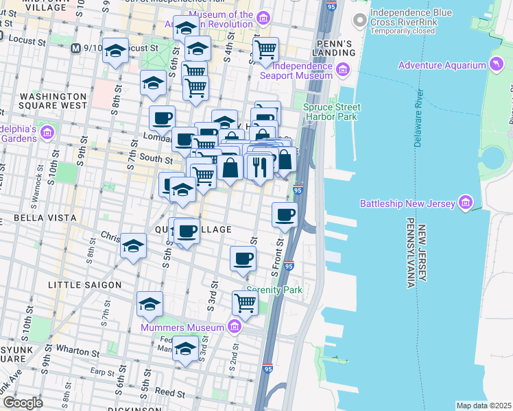 map of restaurants, bars, coffee shops, grocery stores, and more near 716 South 2nd Street in Philadelphia
