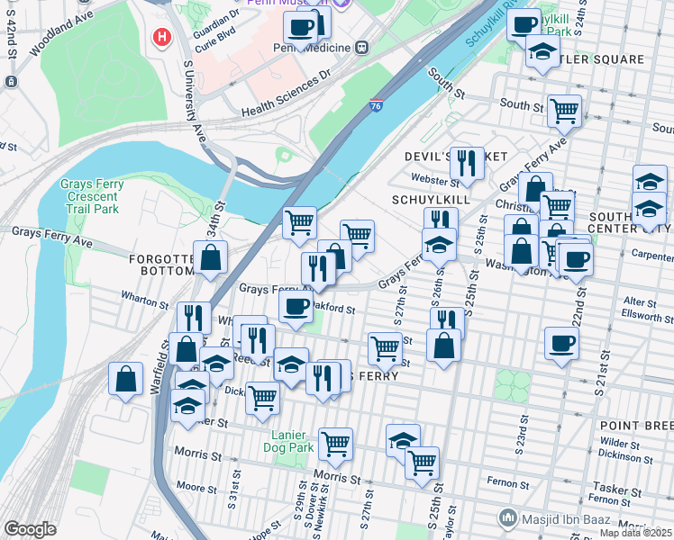 map of restaurants, bars, coffee shops, grocery stores, and more near 2904 Ellsworth Street in Philadelphia