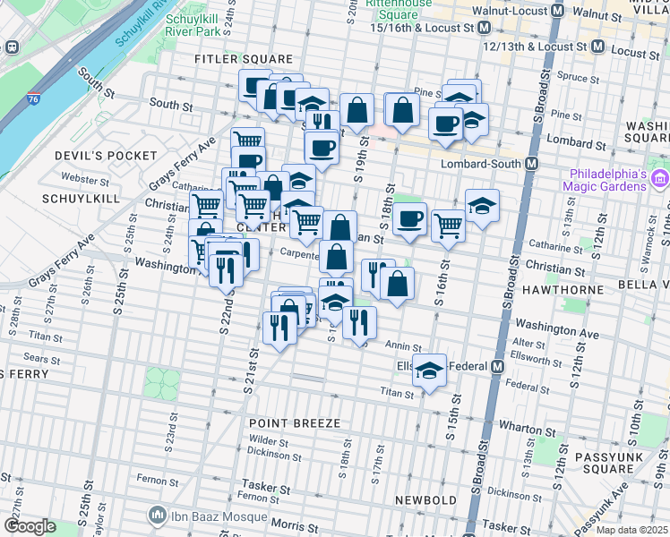 map of restaurants, bars, coffee shops, grocery stores, and more near 1905 Kimball Street in Philadelphia