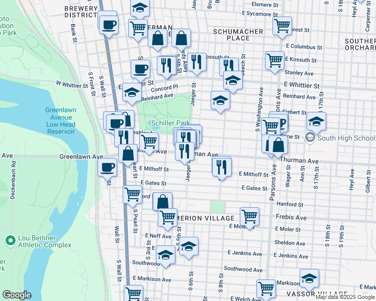 map of restaurants, bars, coffee shops, grocery stores, and more near 1145 1/2 Jaeger Street in Columbus