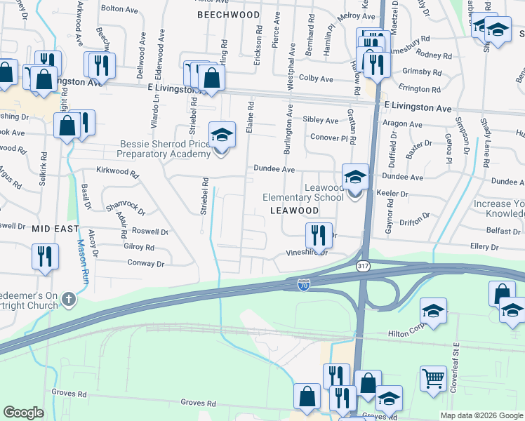 map of restaurants, bars, coffee shops, grocery stores, and more near 4094 Larry Place in Columbus
