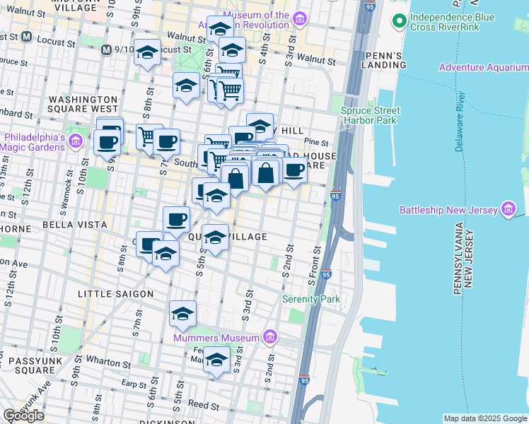 map of restaurants, bars, coffee shops, grocery stores, and more near 731 South 3rd Street in Philadelphia