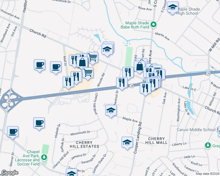 map of restaurants, bars, coffee shops, grocery stores, and more near 2150 New Jersey 38 in Cherry Hill