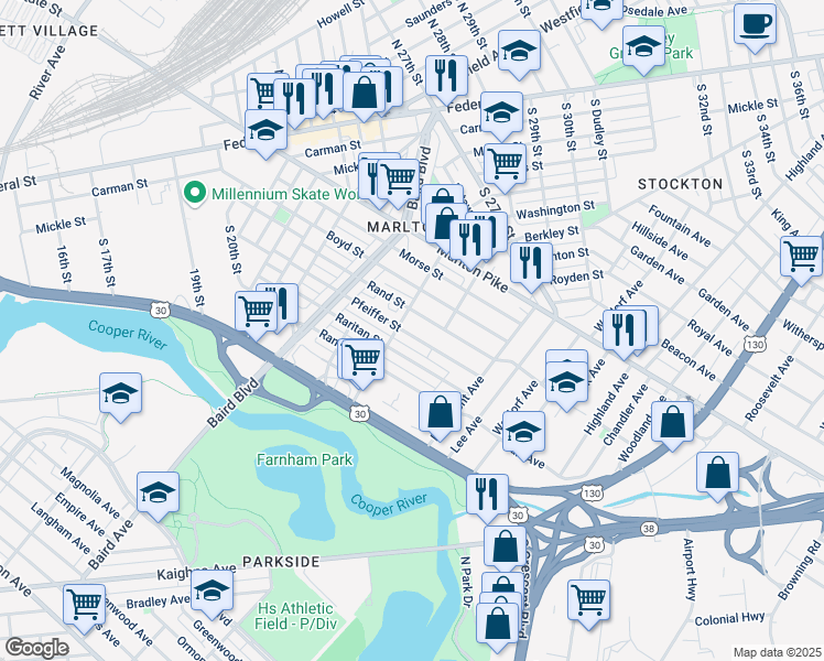 map of restaurants, bars, coffee shops, grocery stores, and more near 452 Rand Street in Camden