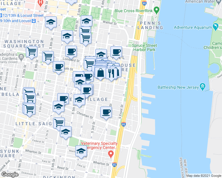 map of restaurants, bars, coffee shops, grocery stores, and more near in Philadelphia