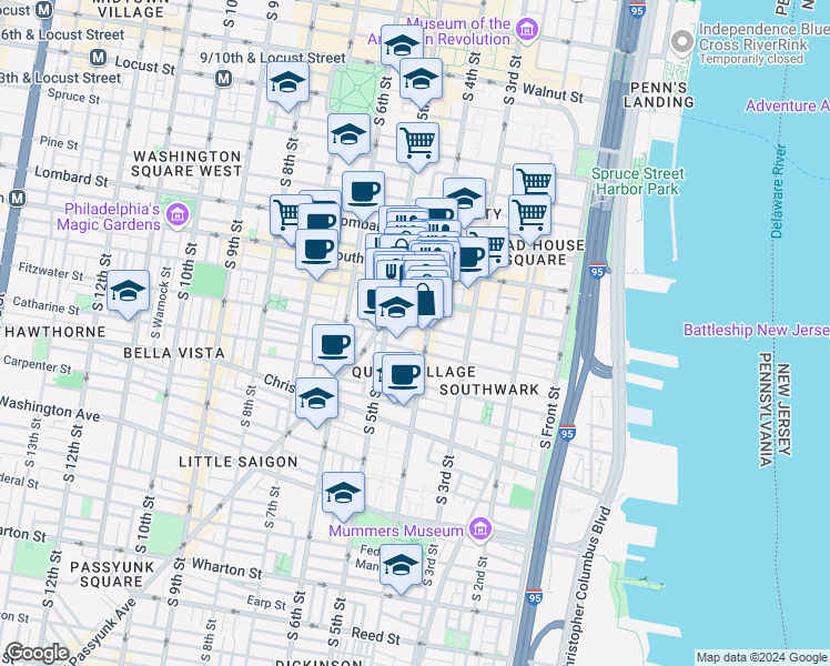 map of restaurants, bars, coffee shops, grocery stores, and more near 413 Bainbridge Street in Philadelphia
