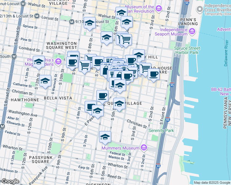 map of restaurants, bars, coffee shops, grocery stores, and more near 702 East Passyunk Avenue in Philadelphia