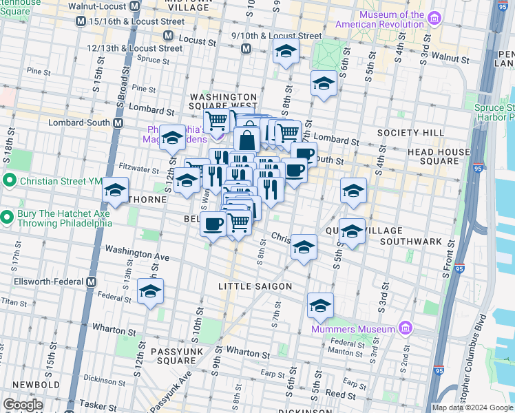 map of restaurants, bars, coffee shops, grocery stores, and more near 743 South 9th Street in Philadelphia