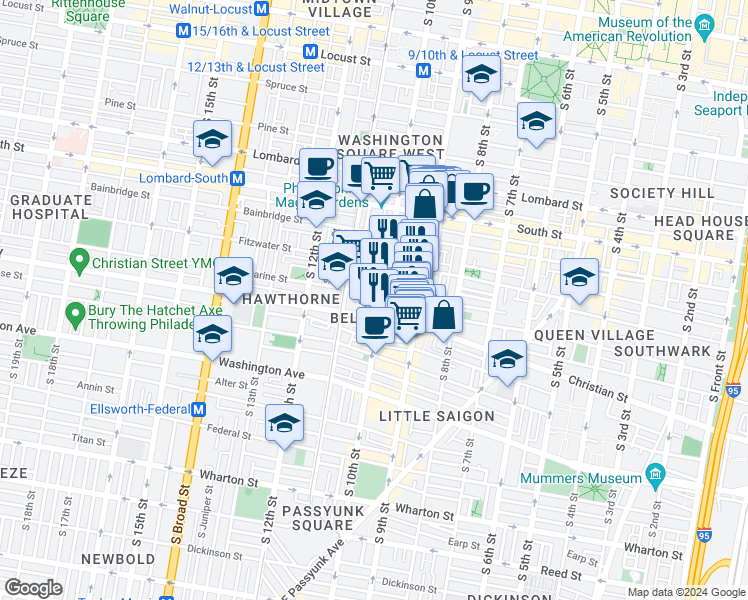 map of restaurants, bars, coffee shops, grocery stores, and more near 753 South 10th Street in Philadelphia
