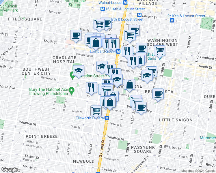 map of restaurants, bars, coffee shops, grocery stores, and more near 800 South Broad Street in Philadelphia