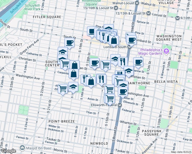 map of restaurants, bars, coffee shops, grocery stores, and more near 901 South 17th Street in Philadelphia