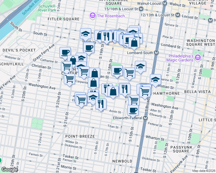 map of restaurants, bars, coffee shops, grocery stores, and more near 911 South 18th Street in Philadelphia