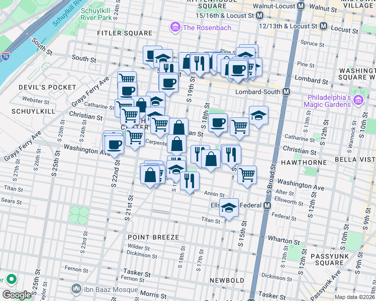 map of restaurants, bars, coffee shops, grocery stores, and more near 1829 Montrose Street in Philadelphia
