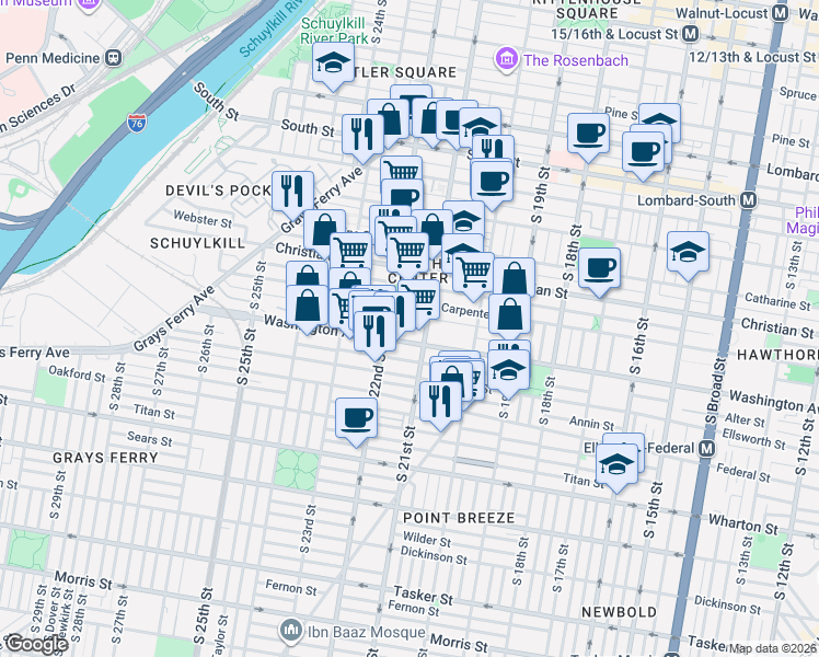 map of restaurants, bars, coffee shops, grocery stores, and more near 2120 Montrose Street in Philadelphia
