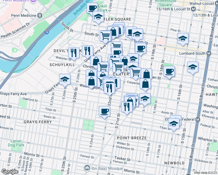 map of restaurants, bars, coffee shops, grocery stores, and more near 2202 Montrose Street in Philadelphia
