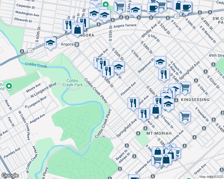 map of restaurants, bars, coffee shops, grocery stores, and more near 1430 South 58th Street in Philadelphia