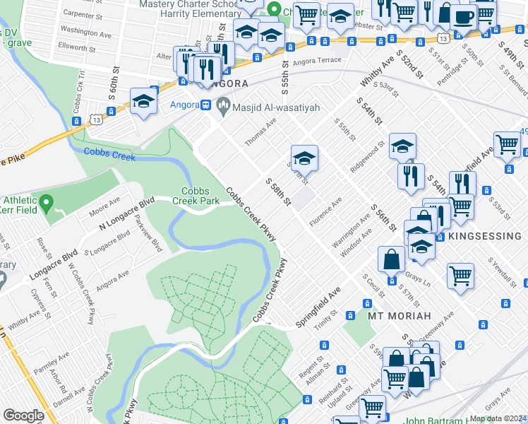 map of restaurants, bars, coffee shops, grocery stores, and more near 5837 Hadfield Street in Philadelphia