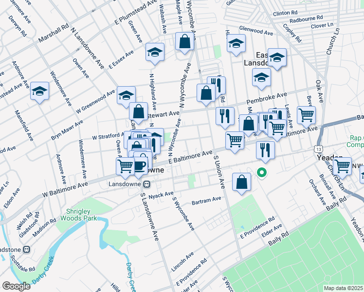 map of restaurants, bars, coffee shops, grocery stores, and more near 77 East Lacrosse Avenue in Lansdowne
