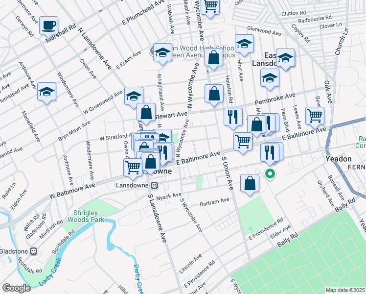 map of restaurants, bars, coffee shops, grocery stores, and more near 77 East Lacrosse Avenue in Lansdowne