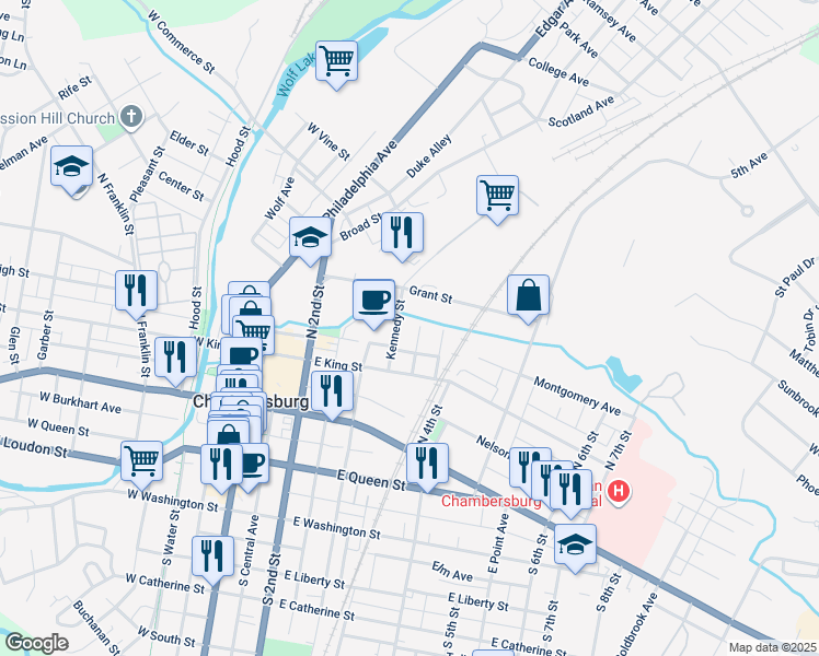 map of restaurants, bars, coffee shops, grocery stores, and more near 186 Kennedy Street in Chambersburg