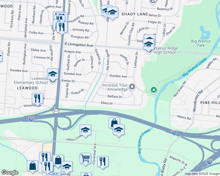 map of restaurants, bars, coffee shops, grocery stores, and more near 4650 Julian Drive in Columbus