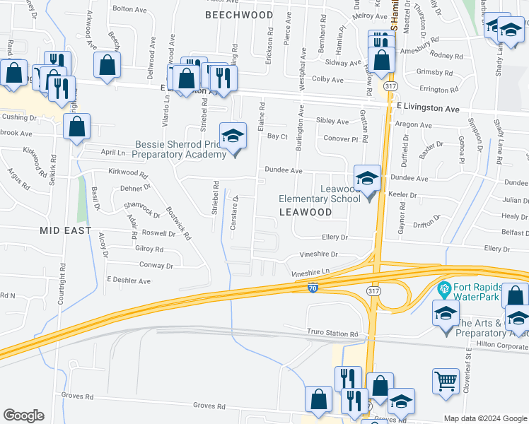 map of restaurants, bars, coffee shops, grocery stores, and more near 1650 Elaine Road in Columbus