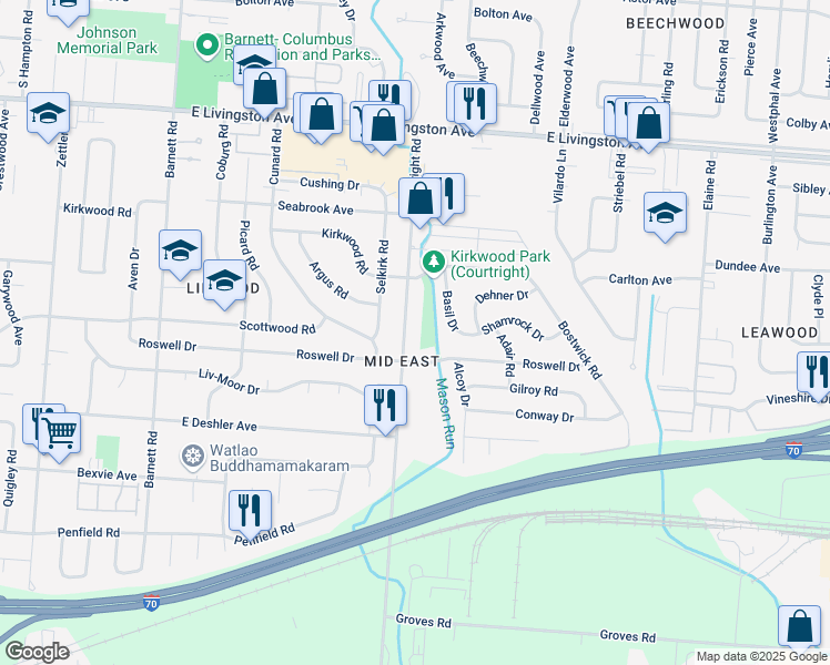 map of restaurants, bars, coffee shops, grocery stores, and more near 1579 Courtright Road in Columbus