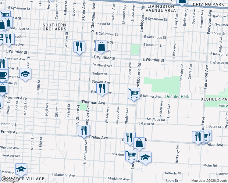 map of restaurants, bars, coffee shops, grocery stores, and more near 1218 Wilson Avenue in Columbus