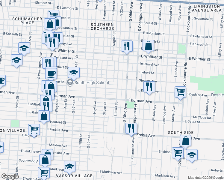 map of restaurants, bars, coffee shops, grocery stores, and more near in Columbus