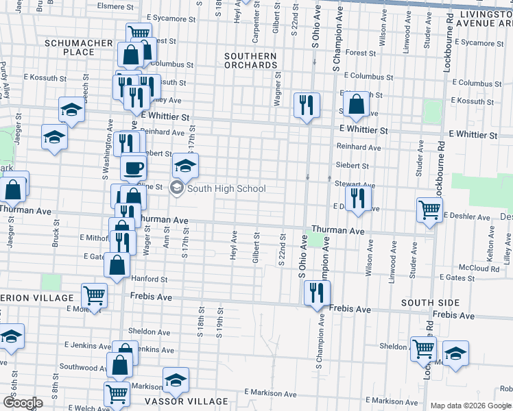 map of restaurants, bars, coffee shops, grocery stores, and more near 1179 Gilbert Street in Columbus