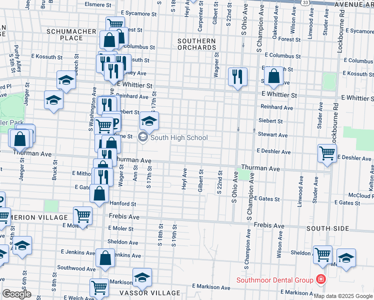 map of restaurants, bars, coffee shops, grocery stores, and more near 1155 Heyl Avenue in Columbus