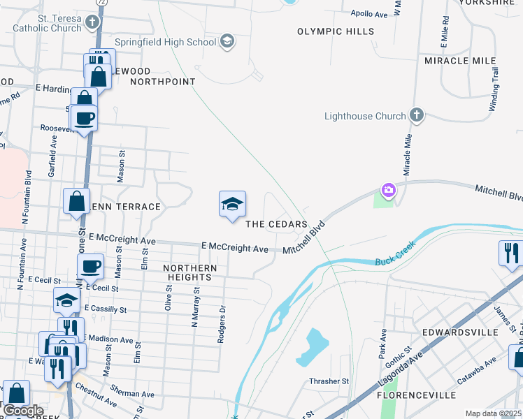 map of restaurants, bars, coffee shops, grocery stores, and more near 1325 Cedarview Drive in Springfield