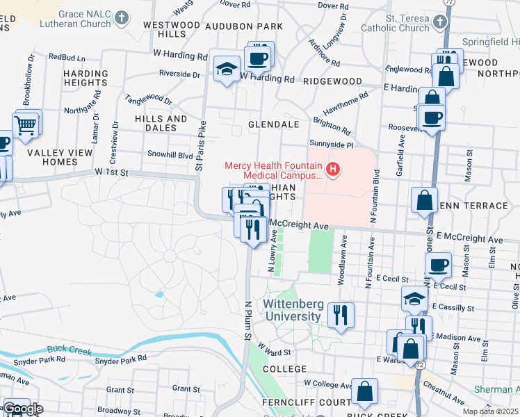 map of restaurants, bars, coffee shops, grocery stores, and more near 322 West 1st Street in Springfield