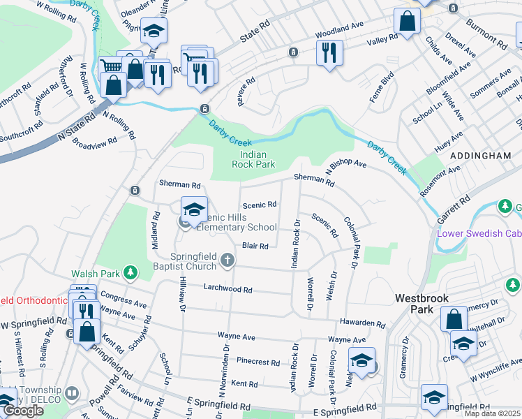 map of restaurants, bars, coffee shops, grocery stores, and more near 428 Scenic Road in Springfield