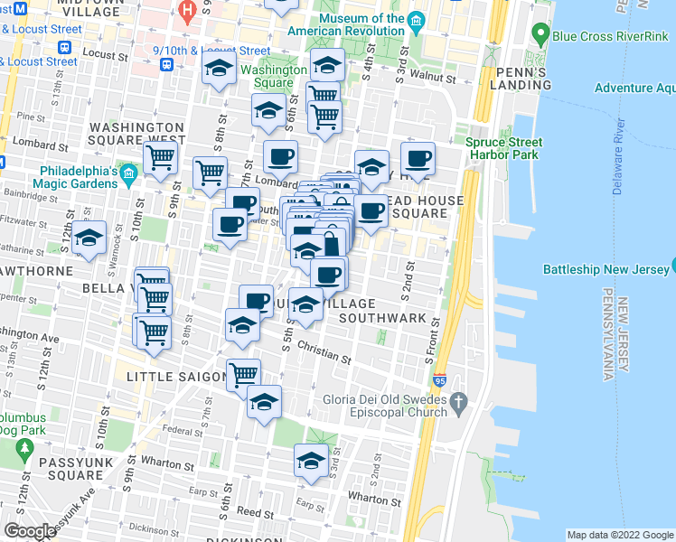 map of restaurants, bars, coffee shops, grocery stores, and more near 721 South 4th Street in Philadelphia