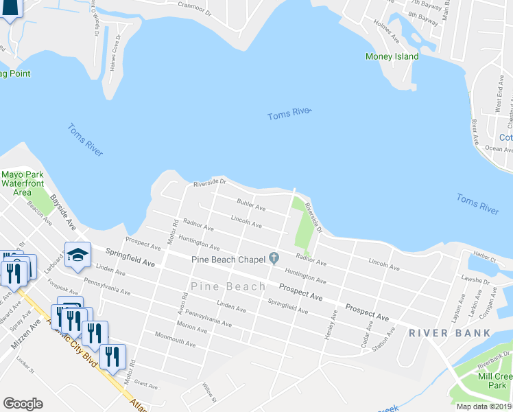 map of restaurants, bars, coffee shops, grocery stores, and more near 504 Buhler Avenue in Pine Beach