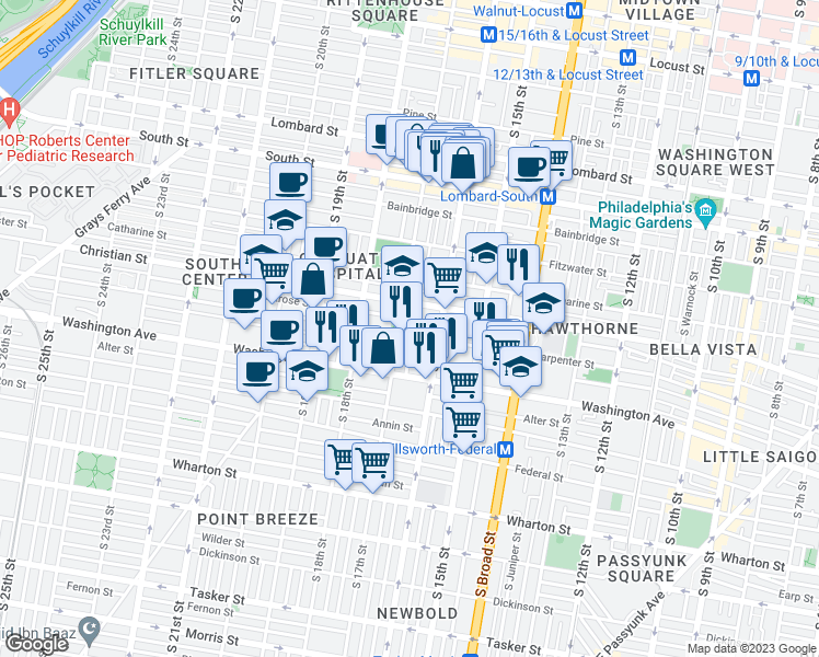 map of restaurants, bars, coffee shops, grocery stores, and more near 1639 Carpenter Street in Philadelphia