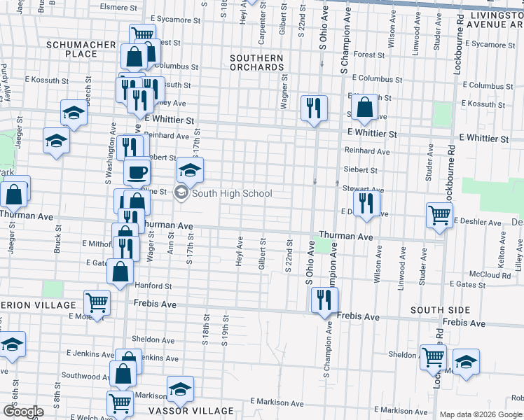 map of restaurants, bars, coffee shops, grocery stores, and more near 1179 Gilbert Street in Columbus