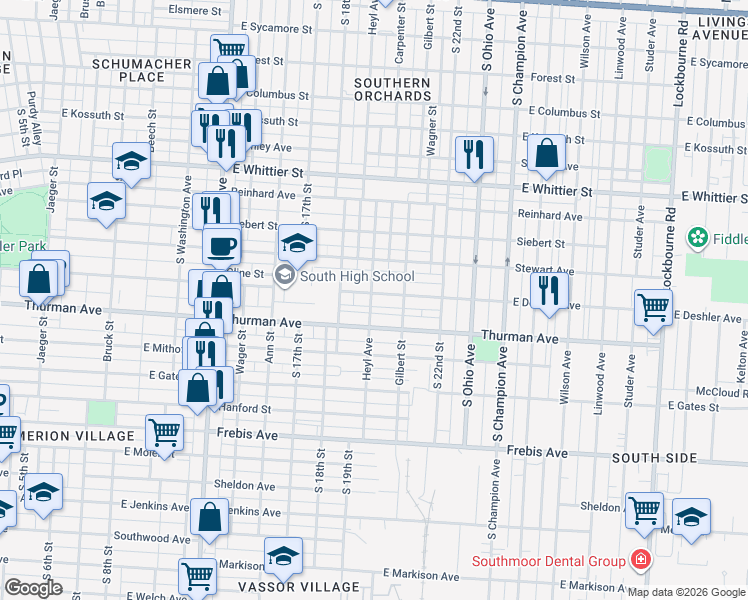 map of restaurants, bars, coffee shops, grocery stores, and more near 1155 Heyl Avenue in Columbus