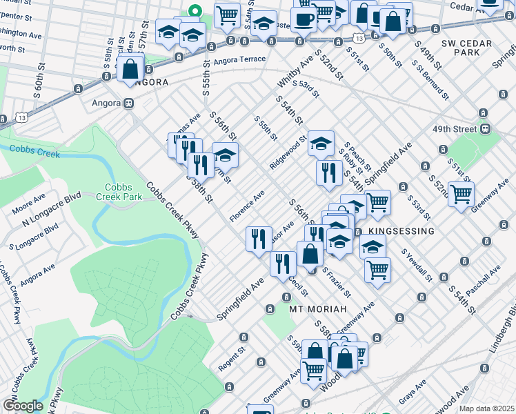 map of restaurants, bars, coffee shops, grocery stores, and more near 5657 Beaumont Avenue in Philadelphia