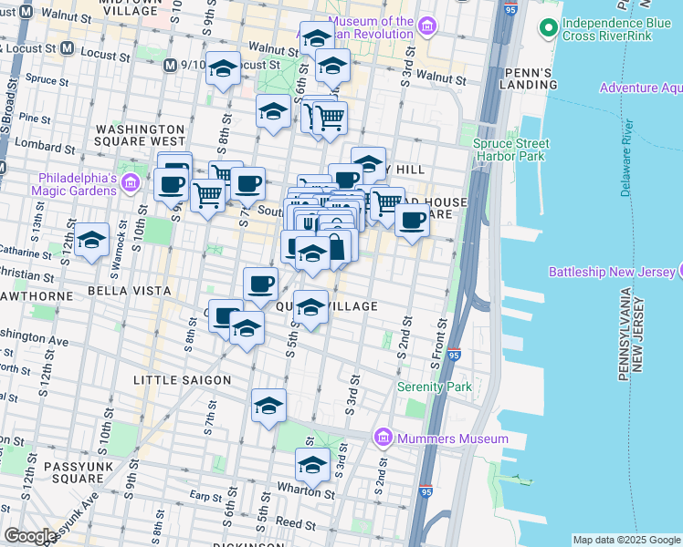 map of restaurants, bars, coffee shops, grocery stores, and more near 721 South 4th Street in Philadelphia
