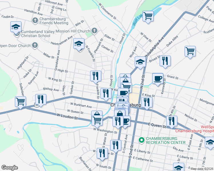 map of restaurants, bars, coffee shops, grocery stores, and more near 133 West King Street in Chambersburg